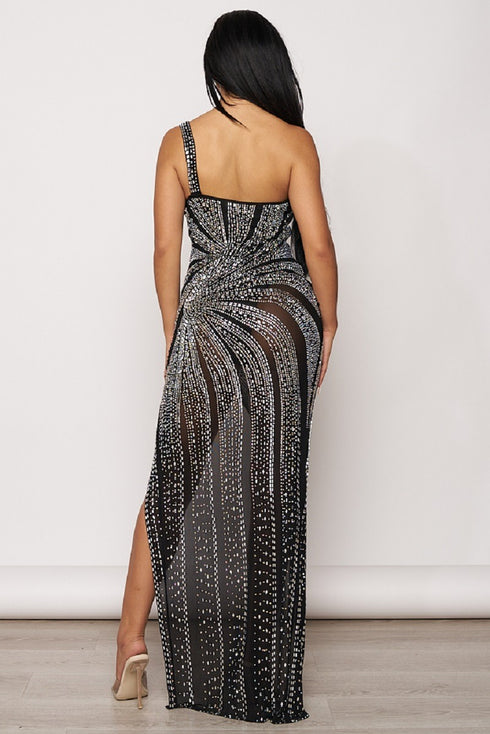 Asymmetric Off Shoulder Rhinestone Maxi Dress - Black - SohoGirl.com